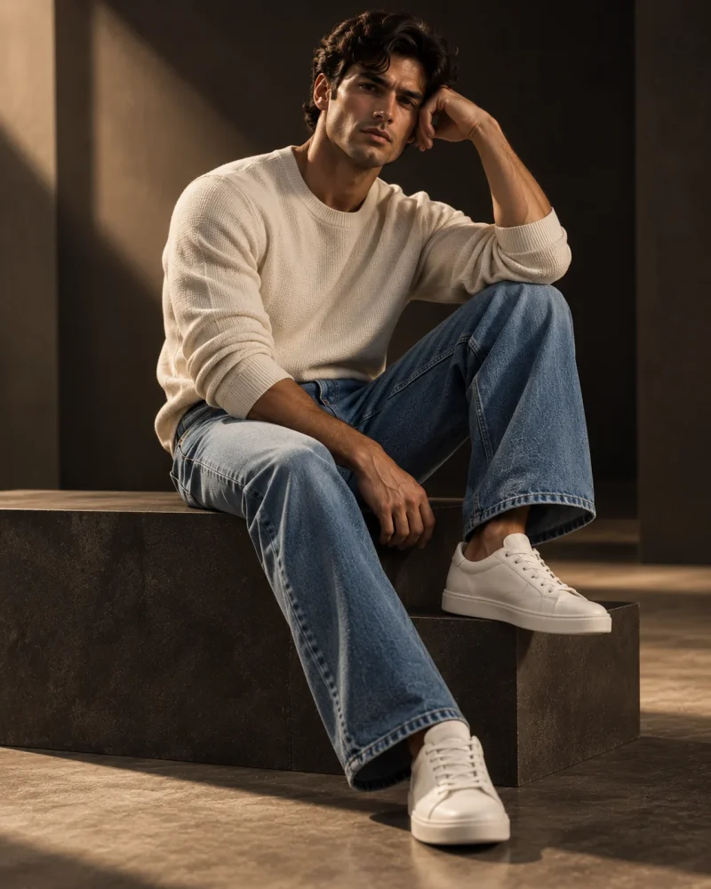 A man seated in DORIC indigo denim and a cream knit