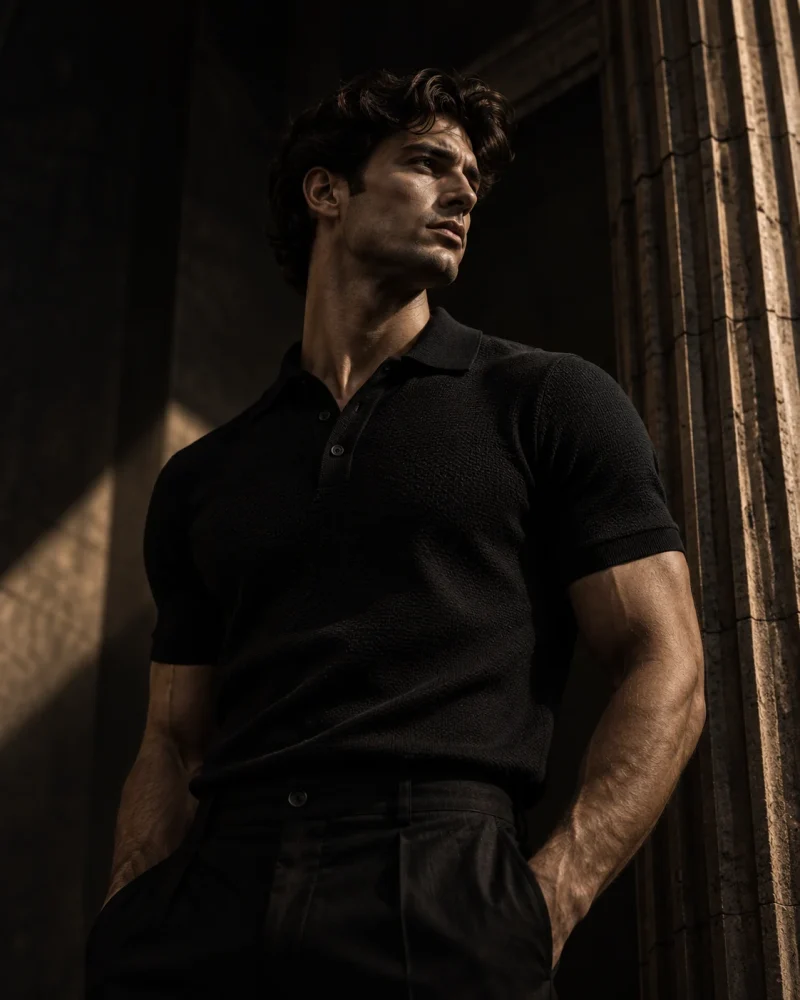 A man in a black textured DORIC polo beside a stone column