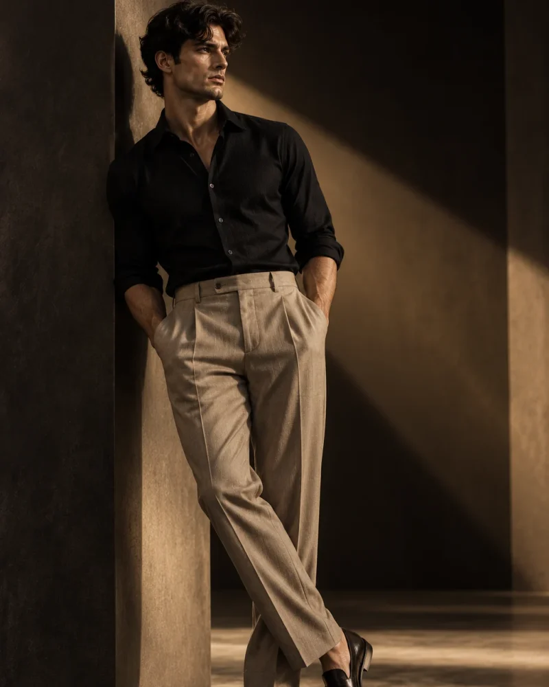 A man in sand DORIC tailored trousers leaning against a wall