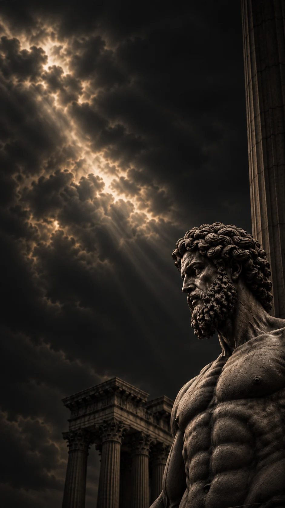 A marble statue of a bearded god in profile, lit by rays of light breaking through storm clouds