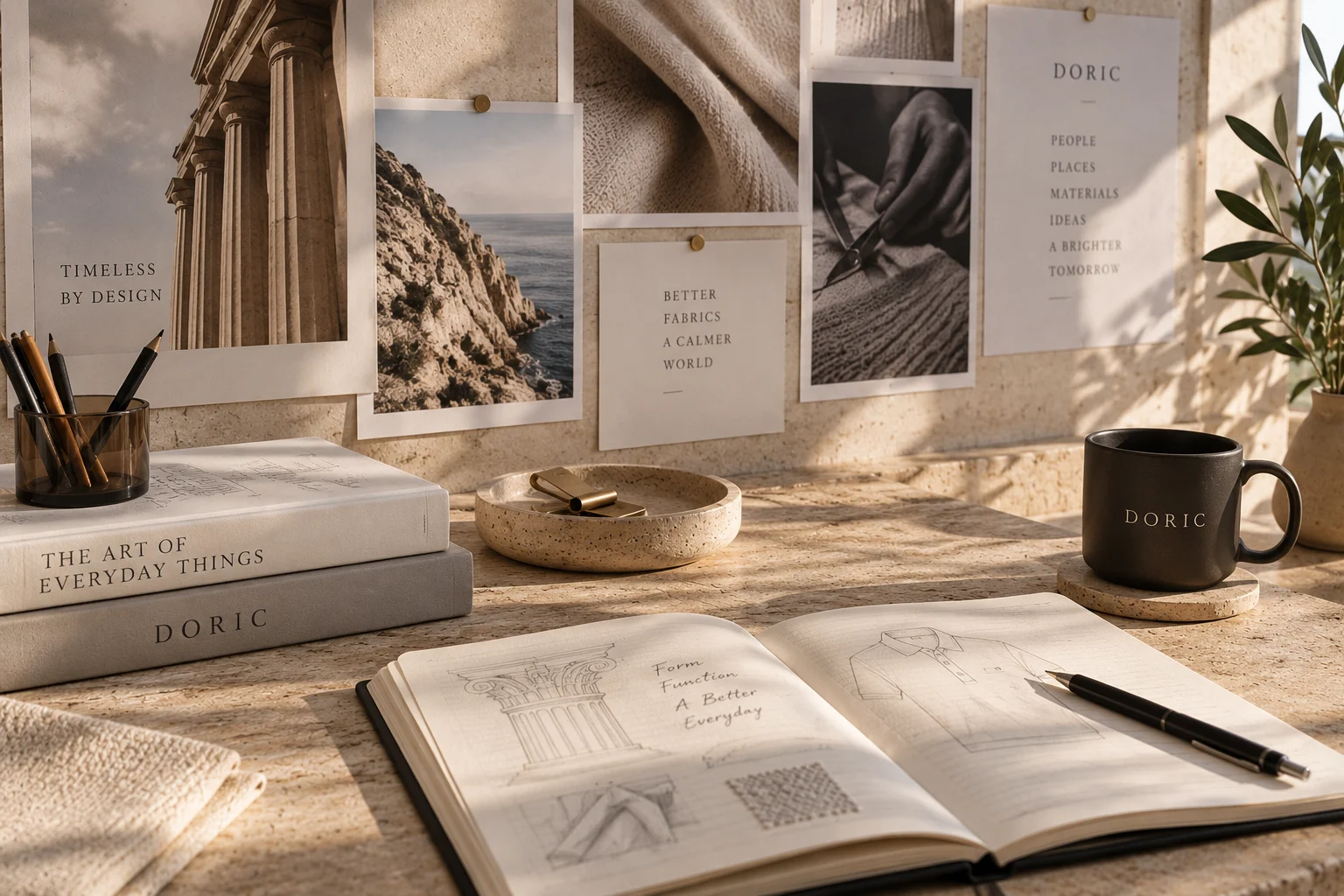 A studio moodboard and open sketchbook of column and garment studies
