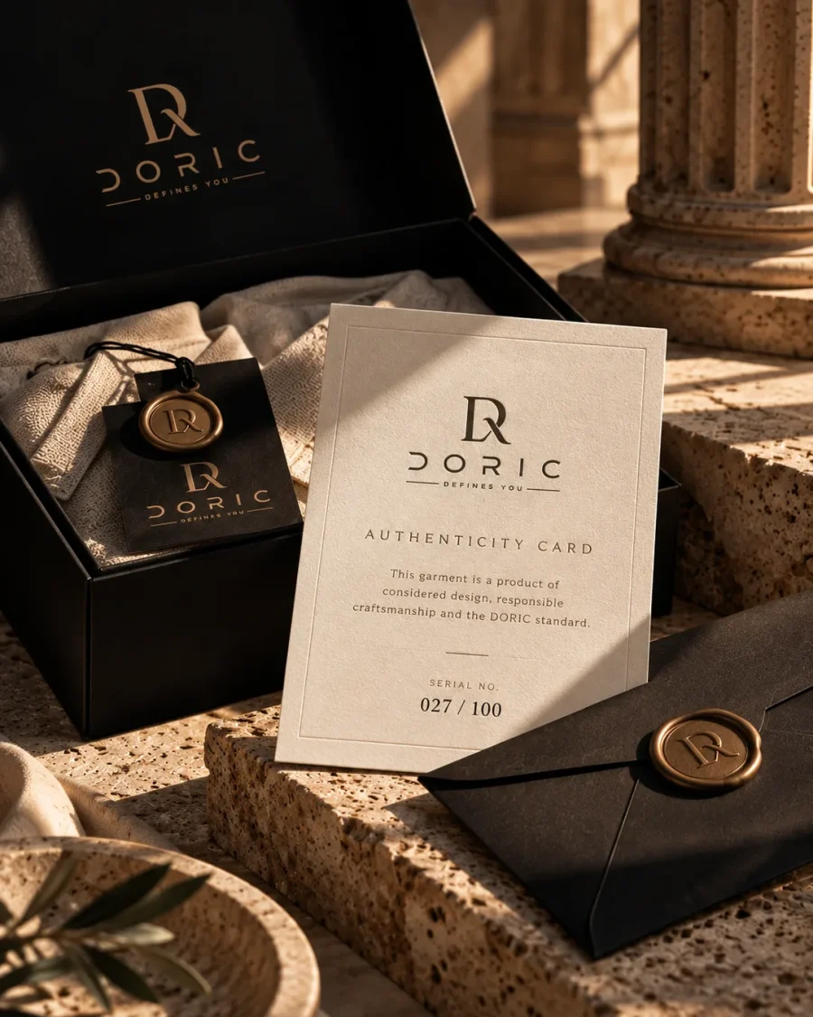 The DORIC authenticity card, serial 027 of 100, beside a wax-sealed envelope