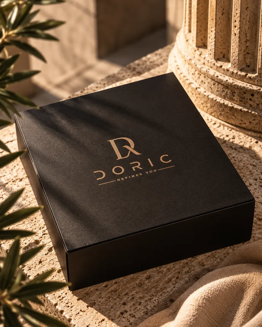 The closed DORIC box in matte black, the house mark in gold, on travertine in afternoon light
