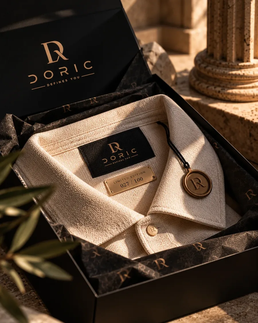 A cream polo in its open box, the brass plate at the collar reading limited edition 027 of 100, with the wax-seal tag beside it