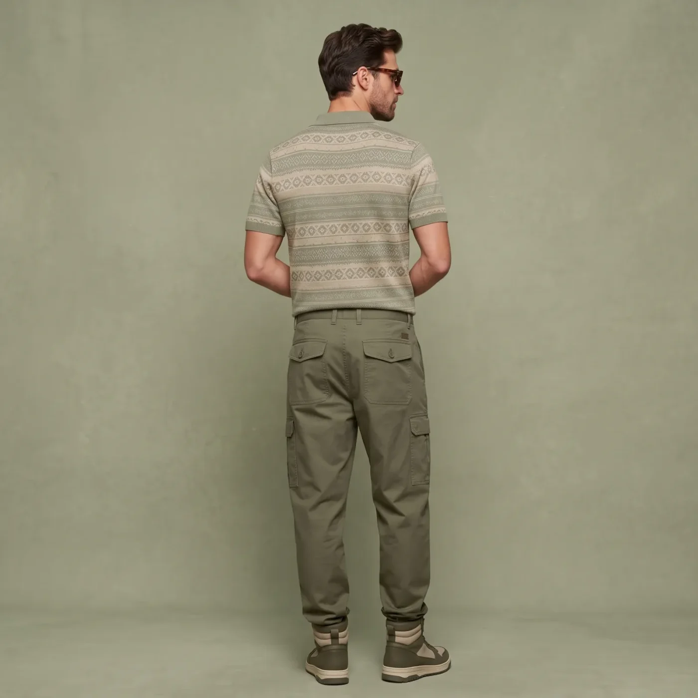 Patterned Knit Polo - Sage, worn, back view