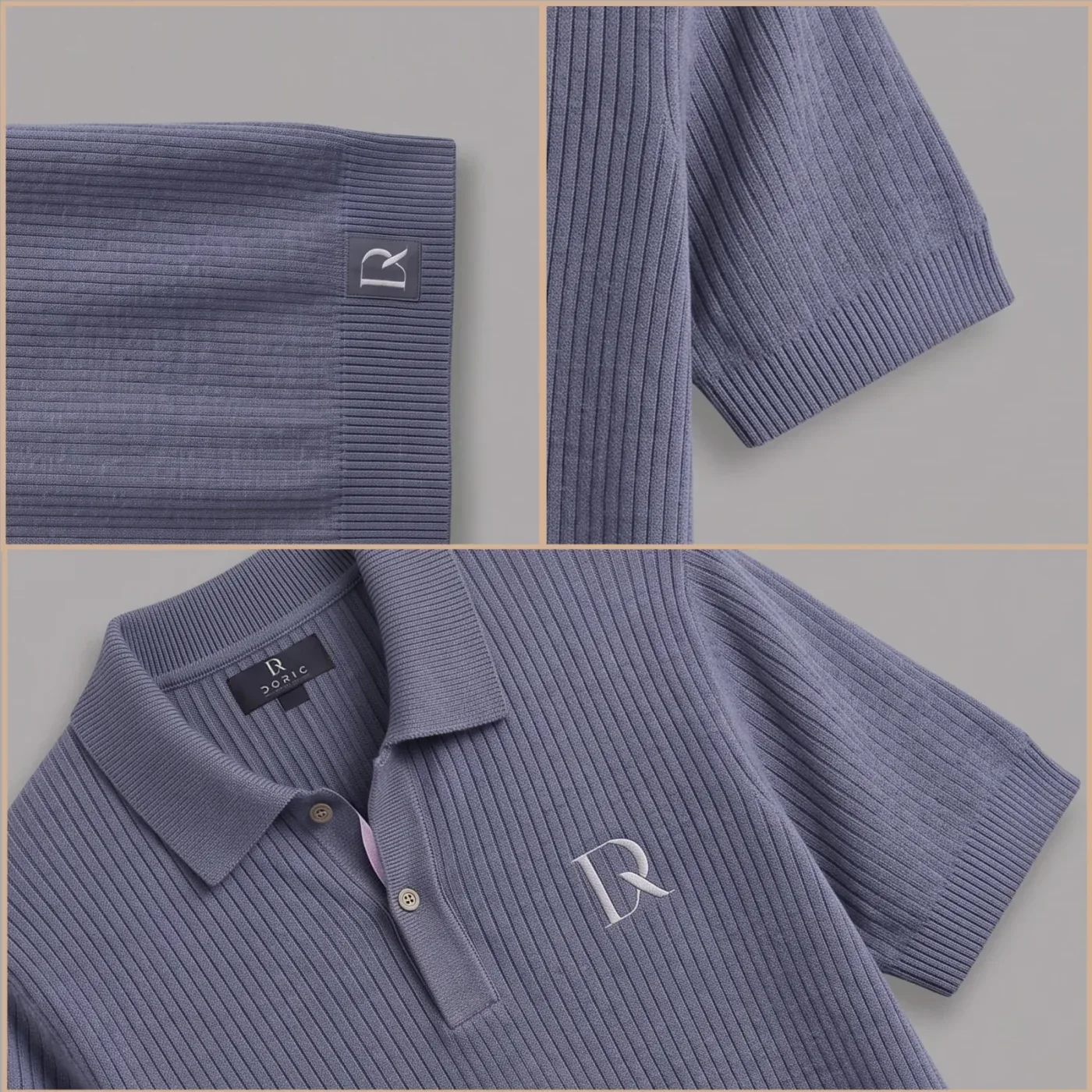 Ribbed Knit Polo - Slate, collar, embroidery and hem detail