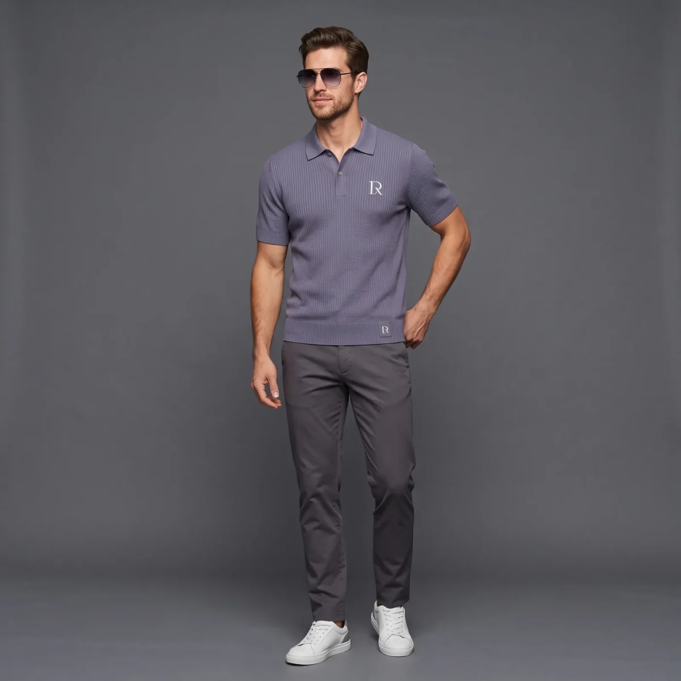 Ribbed Knit Polo - Slate, worn, front view
