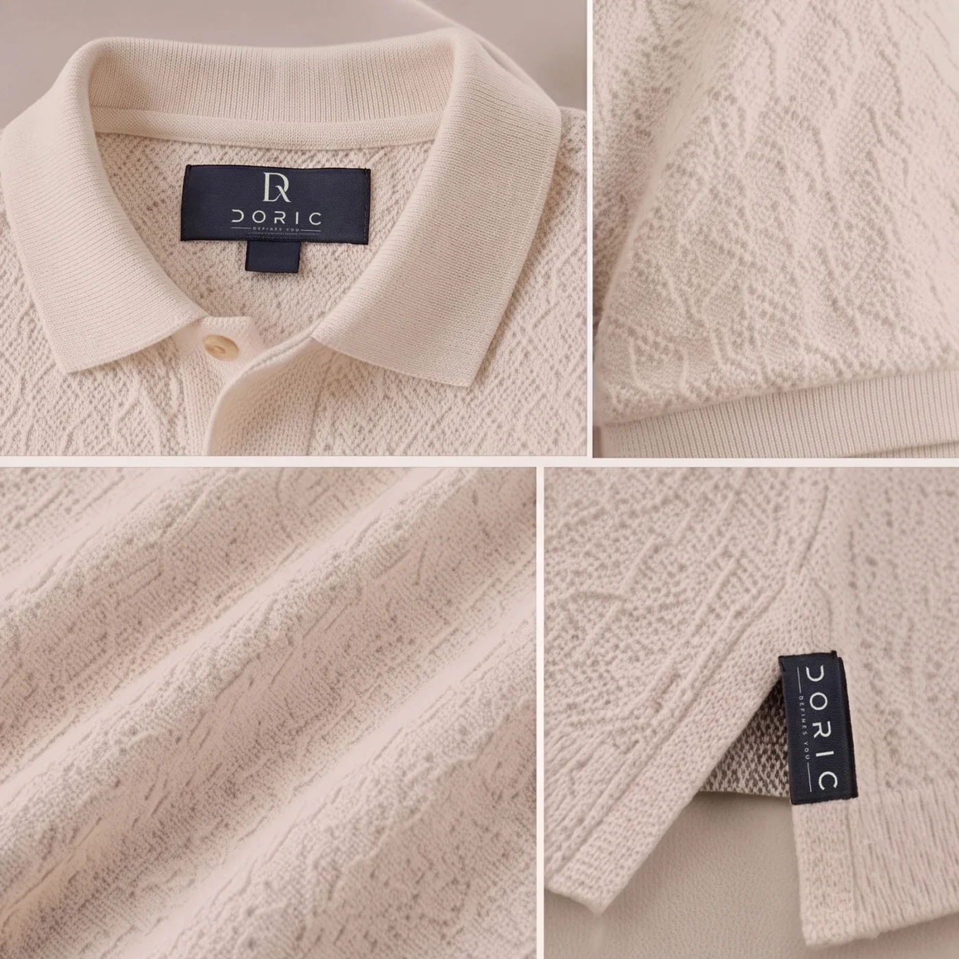 Textured Knit Polo - Oat, collar, embroidery and hem detail