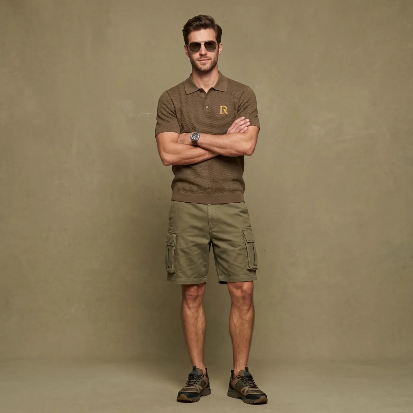 Textured Knit Polo - Olive, worn, front view