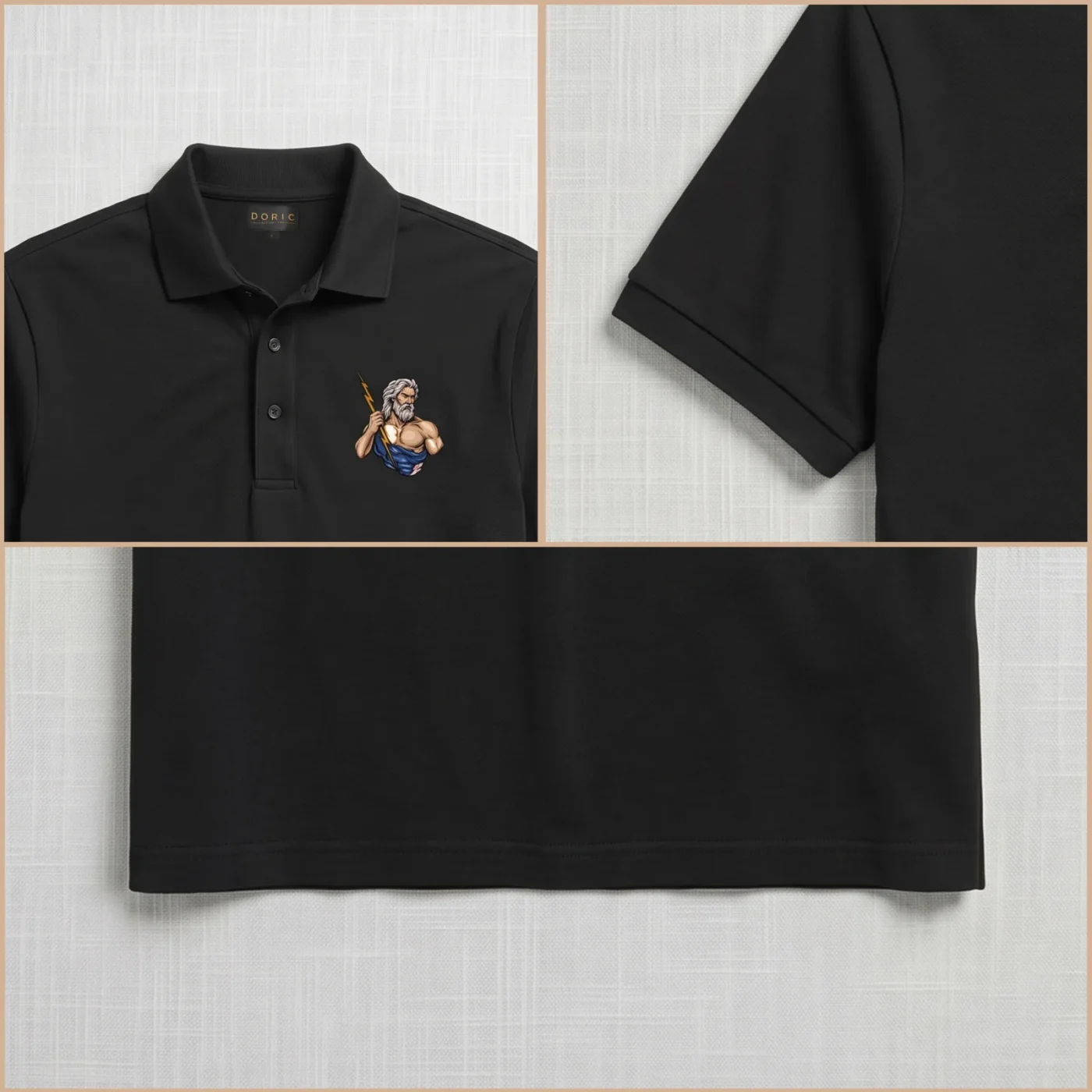 Zeus Textured Polo, collar, embroidery and hem detail